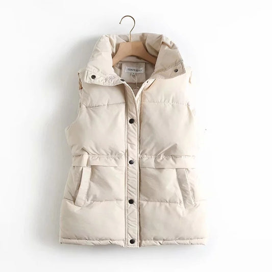 2022 Autumn Winter Women Solid Loose Vest Drawstring Stand Collar Long Vest Jacket  Cotton Padded Women Windproof Warm Waistcoat