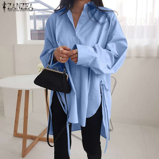 Stylish Solid Shirts Women&#39;s Asymmetrical Blouse 2022 ZANZEA Casual Lace Up Blusas Female Button Lapel Shirt Oversized Tunic