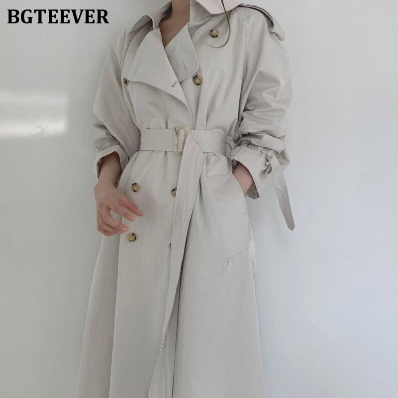 BGTEEVER Autumn Winter Elegant Double Breasted Women Long Trench Coats Long Sleeve Loose Belted Split Female Blue Windbreaker