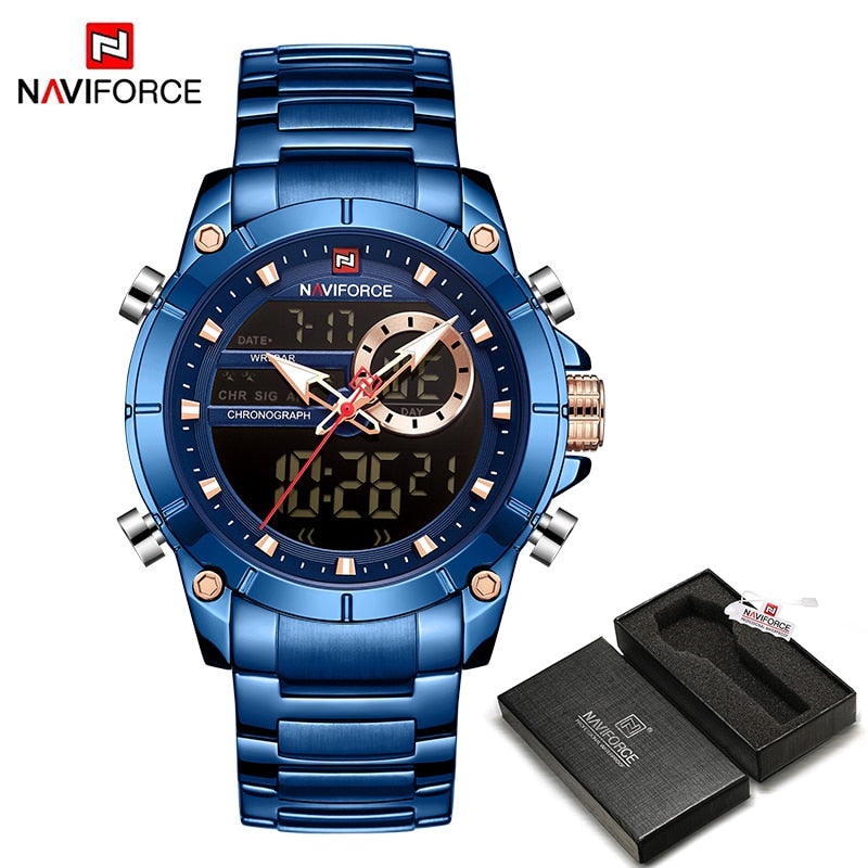 NAVIFORCE Luxury Original Sports Wrist Watch For Men Gold Quartz Steel Waterproof Dual Display Watches Relogio Masculino 9163