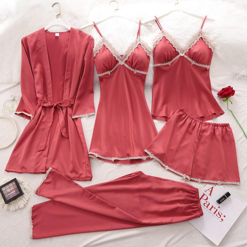 Women Robe Suit Pajamas Nighty&amp;Satin Kimono Bathrobe Gown Nightdress Silky Lace Sleep Set Nightwear Sexy Nightgown