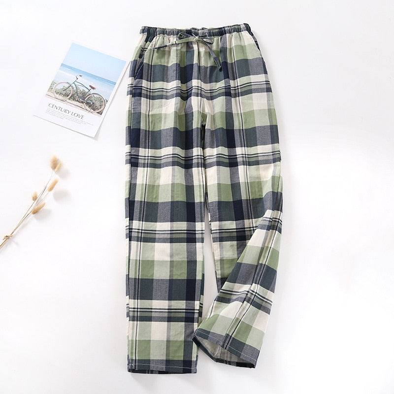 Men&#39;s Cotton Gauze Trousers Plaid Knitted Sleep Pants Woman Pajamas Pants Bottoms Sleepwear Short for Couples Pijama Hombre