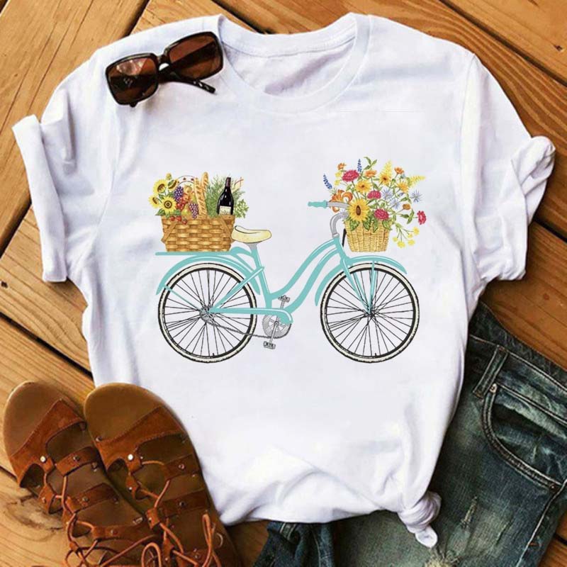 Maycaur New Funny Bicycle with Sunflower Women Tshirt Summer Harajuku Short Sleeve White T Shirts Cartoon Casual Woman Tops Tees