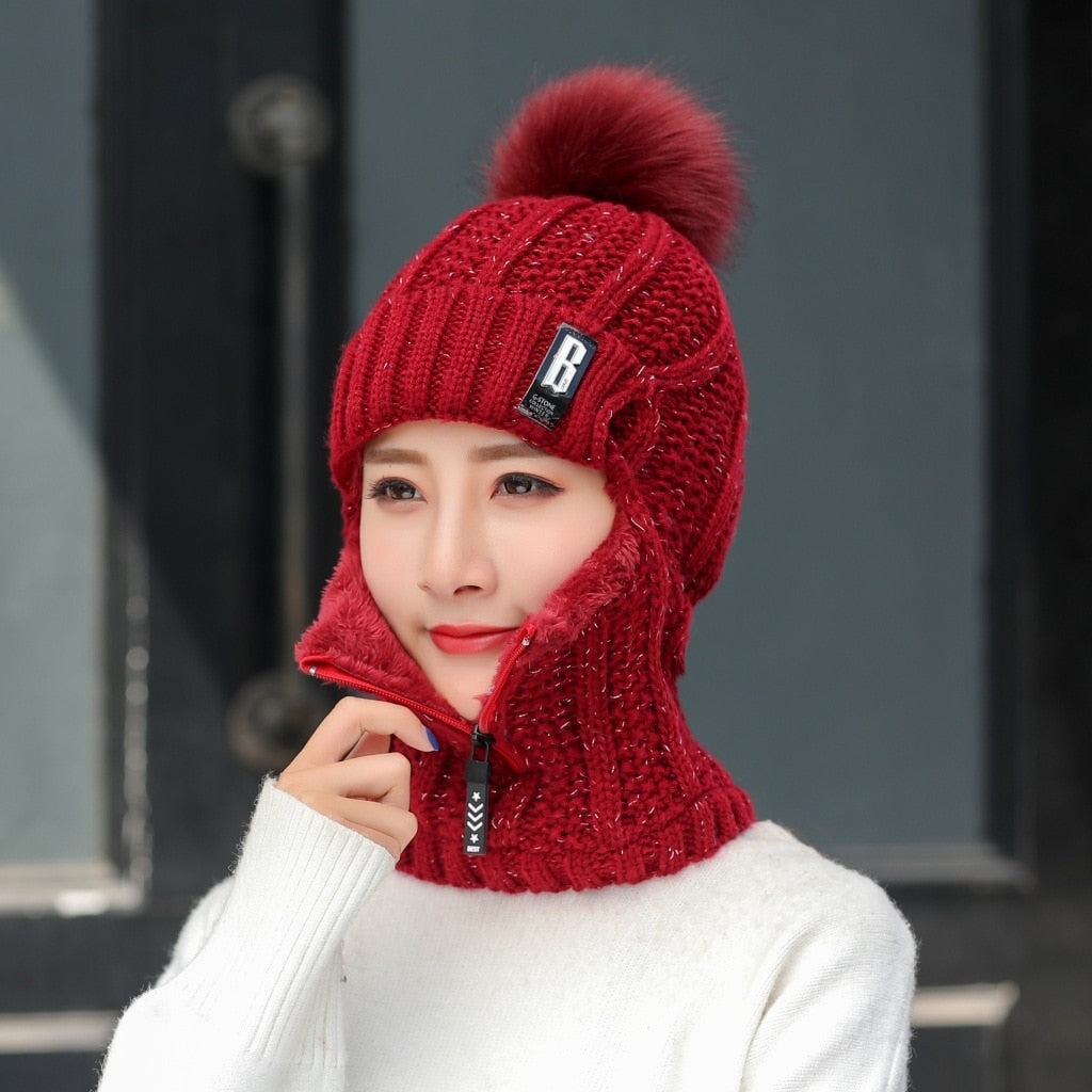 Coral Fleece Winter Women Knitted Hats Add Fur Warm Winter Hats For Women With Zipper Keep Face Warmer Balaclava Pompoms Cap