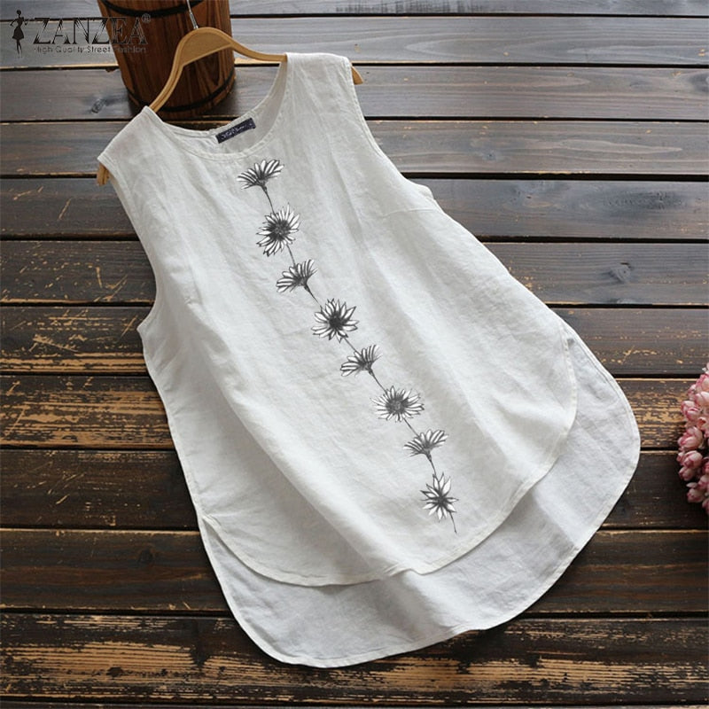 Women's Irregular Blouse ZANZEA 2022  Tanks Tops Casual Linen Blusas Female Sleeveless Chemise Summer Tee Shirts