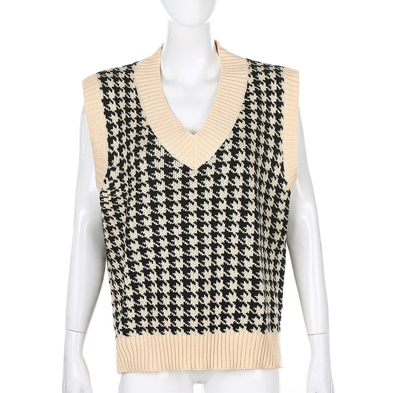 Sweetown Houndstooth Knitted Oversized Womens Sweater Vest Vintage Preppy Style Clothes V Neck Casual Loose 90s Knitwear Autumn