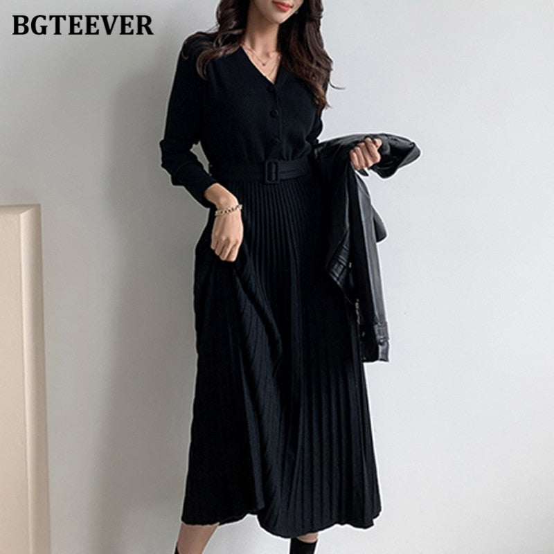 BGTEEVER Elegant V-neck Single-breasted Women Thicken Sweater Dress Autumn Winter Knitted Belted Female A-line soft dresses