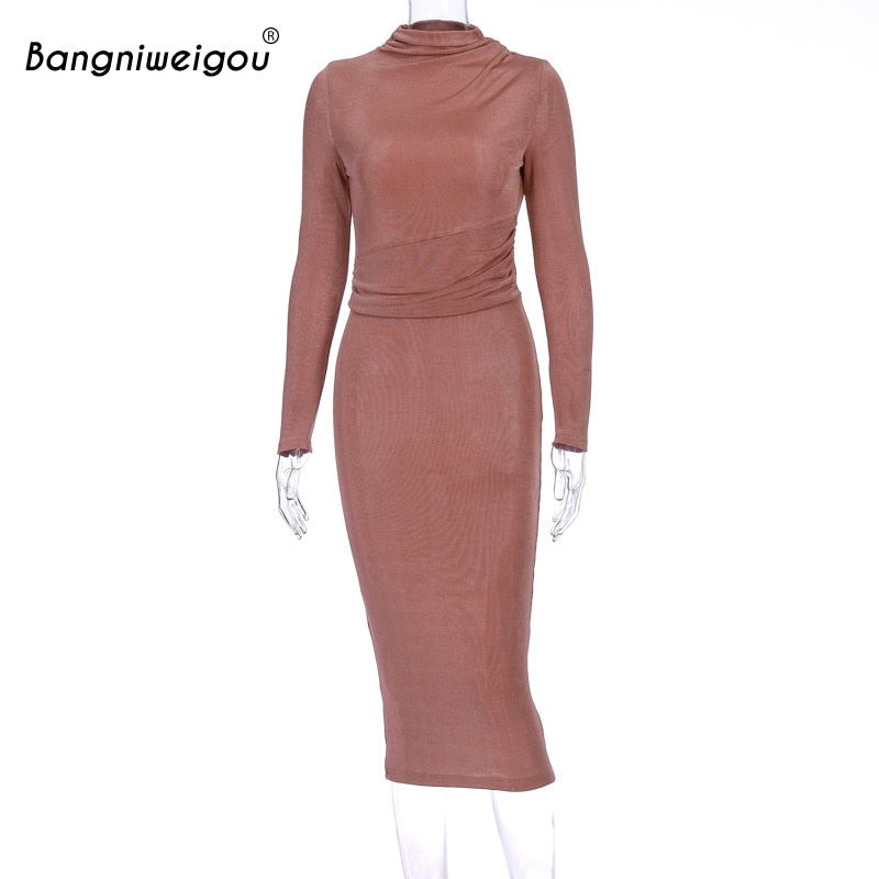 Bangniweigou Ruched Waist Wrap Midi Dress Women Elegant Long Sleeve Bodycon Party Dress Autumn Skinny Robe Femme Sheath