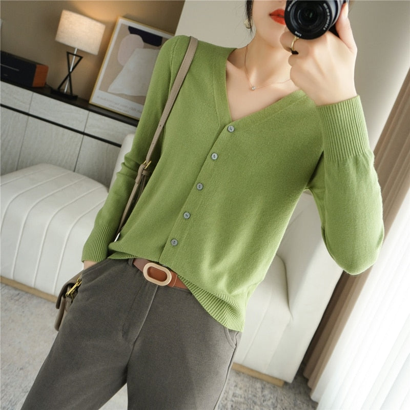 Spring Autumn New V-Neck Knitted Cardigan Women&#39;s Loose Large Size Thin Sweater All-Match Jacket Pure Color Basic Small Cardigan