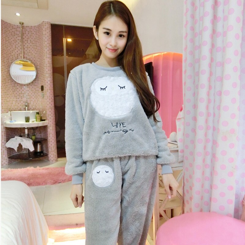 2021 Autumn Winter Pajamas Set Women Sleep Shirt & Pant Set Sleepwear Warm Flannel Nightgown Female Cartoon Bear Animal Pijamas