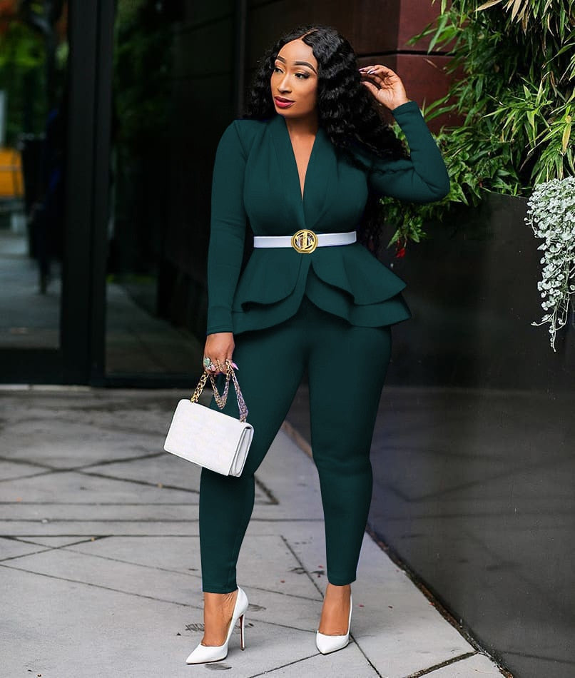 New Women Winter Women&#39;s Set Tracksuit Full Sleeve Ruffles Blazers Pencil Pants Suit Two Piece Set Office Lady Outfits Uniform