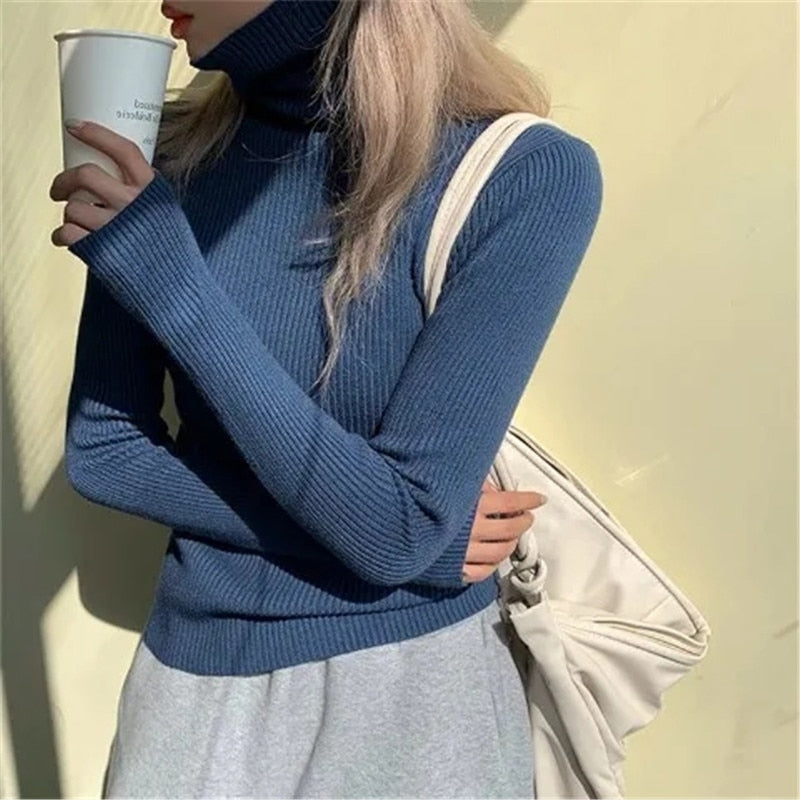 Women heaps collar Turtleneck Sweaters Autumn Winter Slim Pullover Women Basic Tops Casual Soft Knit Sweater Soft Warm Jumper