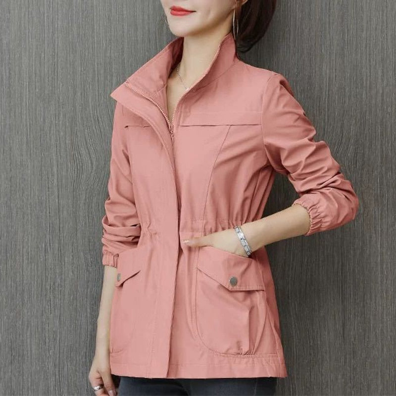 HI-FASHION Women Double Layer Windbreaker Autumn Casual Slim Coat Fashion Plus Size 4Xl Stand-Up Collar Ladies Jacket