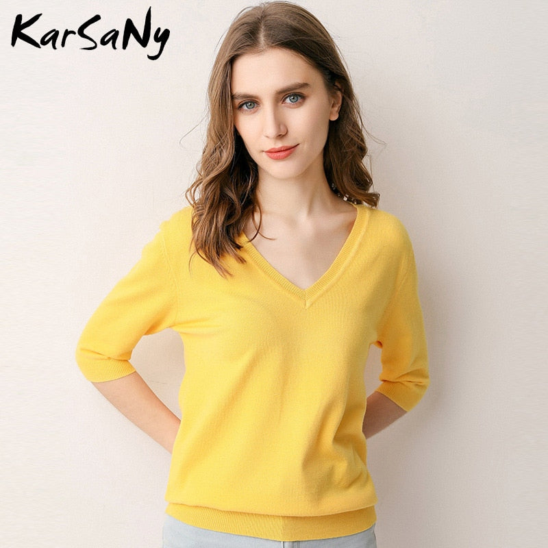 KarSany Half Sleeve Knitted Blouse Women Summer 2022 Pullovers Ladies V-neck Blouses Blouse Knitted Womens Tops And Blouses