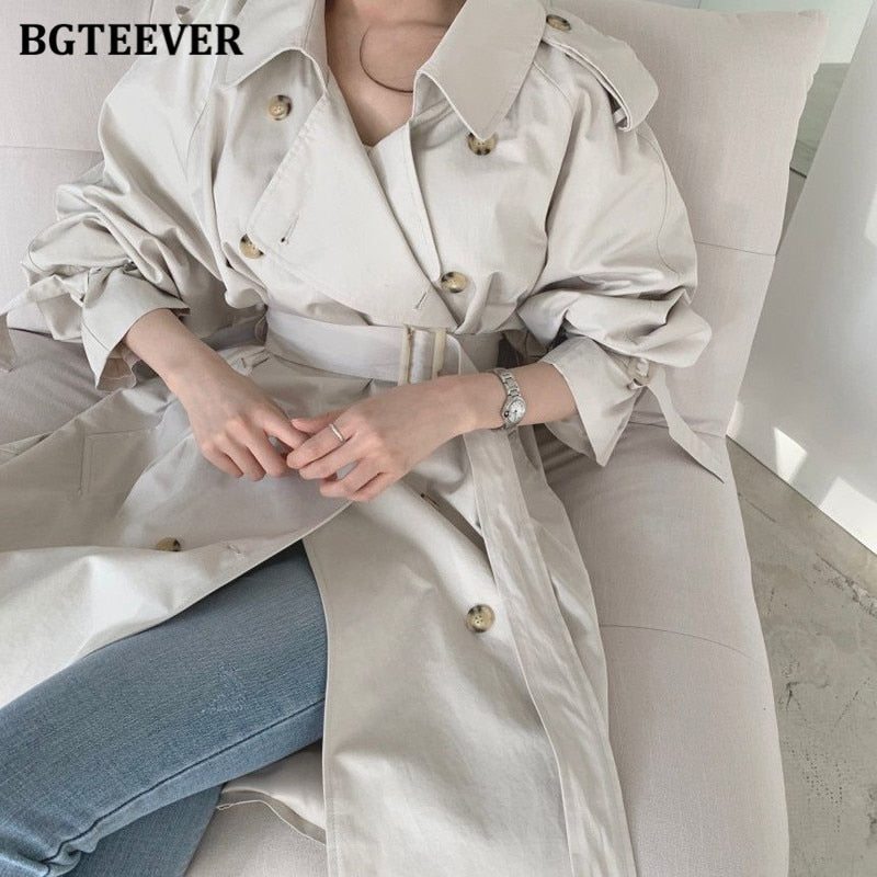 BGTEEVER Autumn Winter Elegant Double Breasted Women Long Trench Coats Long Sleeve Loose Belted Split Female Blue Windbreaker