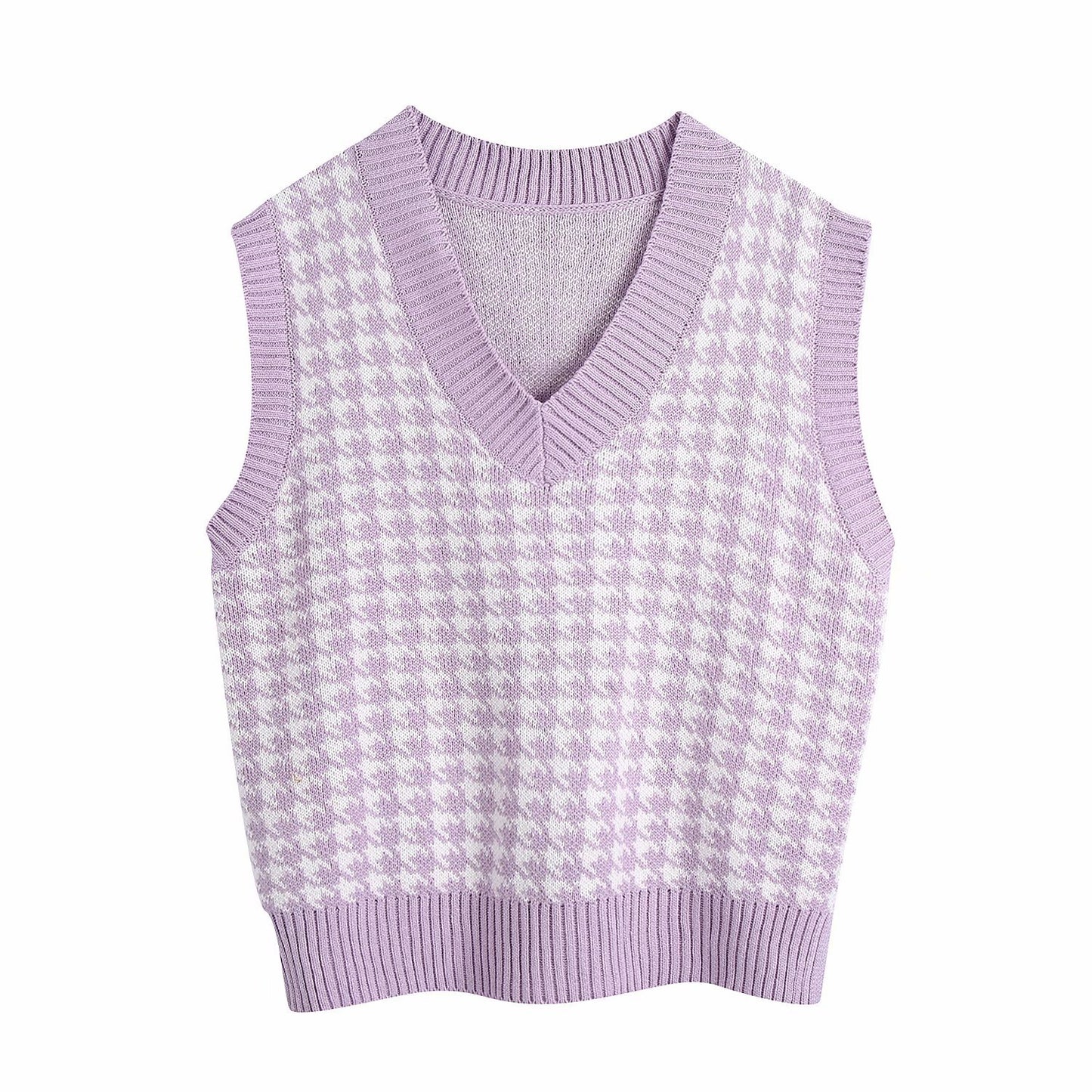 Sweetown Houndstooth Knitted Oversized Womens Sweater Vest Vintage Preppy Style Clothes V Neck Casual Loose 90s Knitwear Autumn