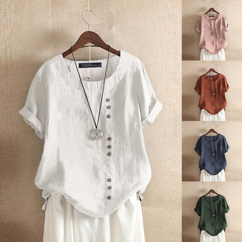 Elegant Cotton Tops Women&#39;s Summer Blouse 2022 ZANZEA Casual Long Sleeve Shirts Female O Neck Button Blusas  Tunic