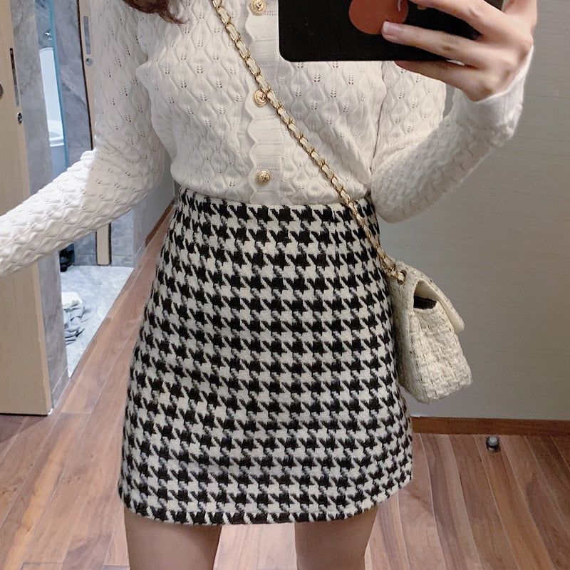 Fashion Women&#39;s skirt Woolen Plaid High Waist Slim Buttocks Short Mini Woman skirts Black Beige 1080