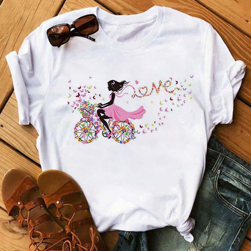 Maycaur New Funny Bicycle with Sunflower Women Tshirt Summer Harajuku Short Sleeve White T Shirts Cartoon Casual Woman Tops Tees