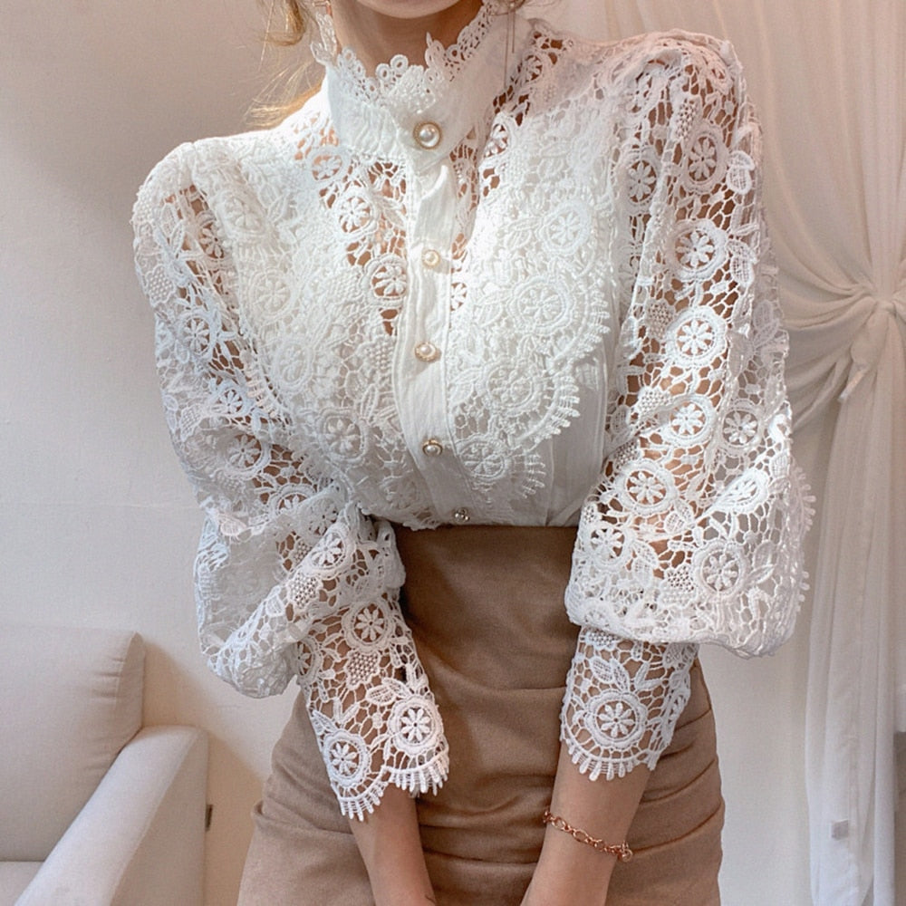 Women Sexy Lace Patchwork Hollow Out Shirt Blouse Long Sleeve O-Neck Mesh Design Tops 2022 Spring White Vintage Button Shirts