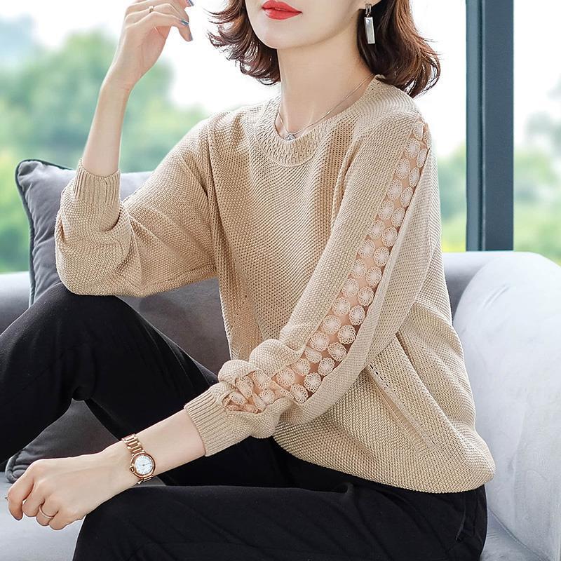 Stitching Lace Base Knitted Sweater Women Flowers Hollow Loose Round Neck Solid Color Casual Jumpers Female 2022 Spring