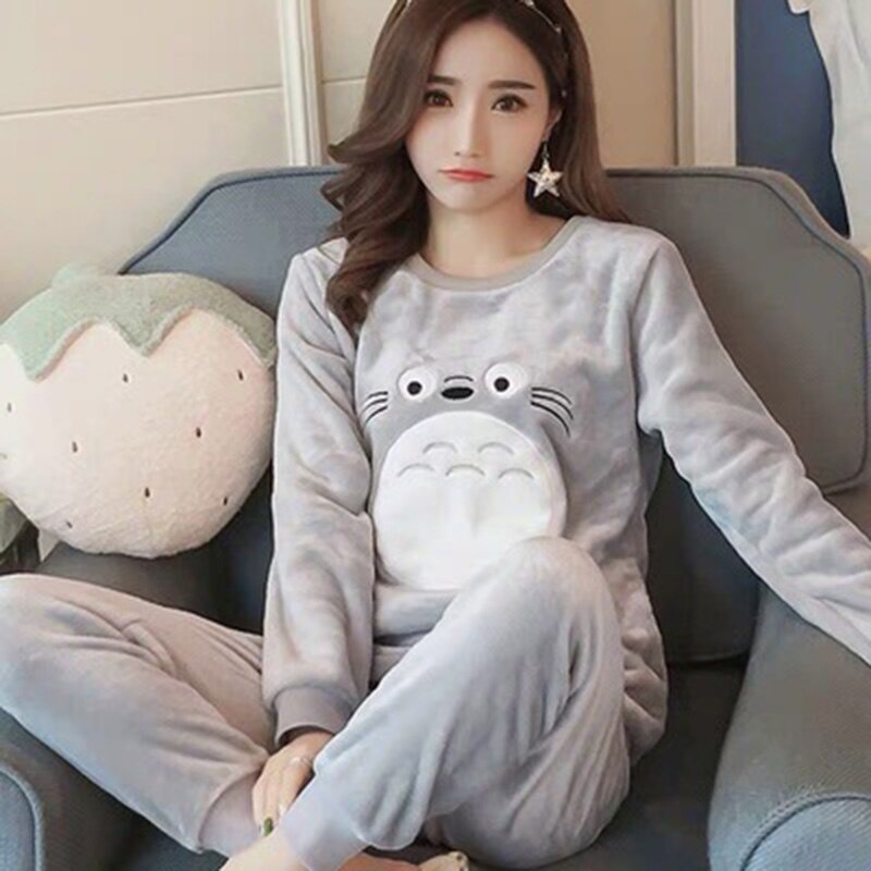 2021 Autumn Winter Pajamas Set Women Sleep Shirt & Pant Set Sleepwear Warm Flannel Nightgown Female Cartoon Bear Animal Pijamas