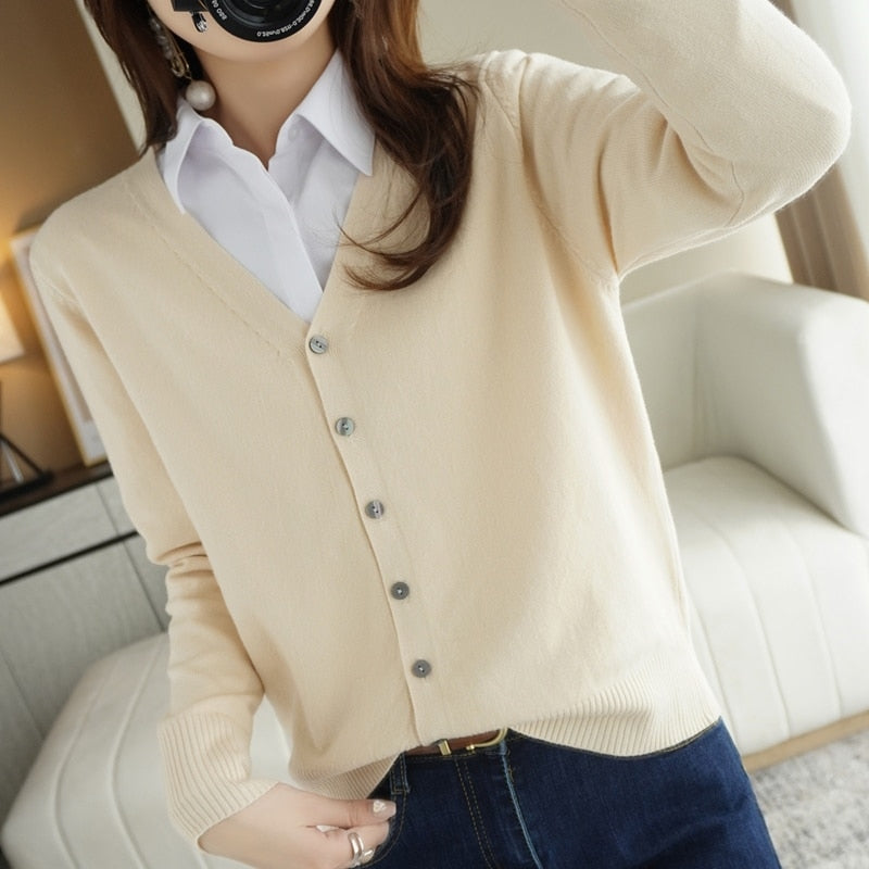 Spring Autumn New V-Neck Knitted Cardigan Women&#39;s Loose Large Size Thin Sweater All-Match Jacket Pure Color Basic Small Cardigan