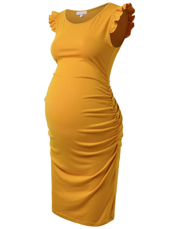 Maternity Dresses Summer Stretchy Flying Sleeve Ruched Side Baby Shower Bodycon Pregnancy Dress Clothes for Pregnant Women