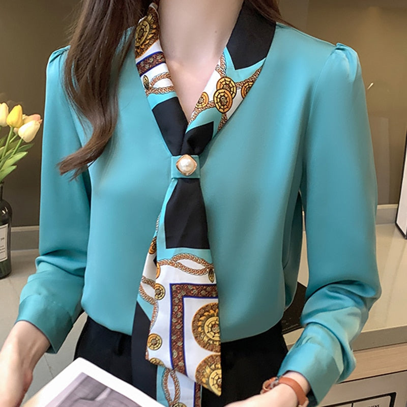 Autumn Long Sleeve Blouse Women Bow V-Neck Print Chiffon Blouse Shirt Tops Women Blusas Mujer De Moda 2021 Blouses Shirts E710