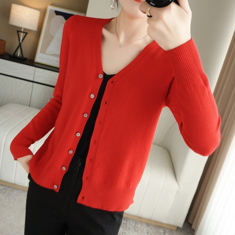 Spring Autumn New V-Neck Knitted Cardigan Women&#39;s Loose Large Size Thin Sweater All-Match Jacket Pure Color Basic Small Cardigan