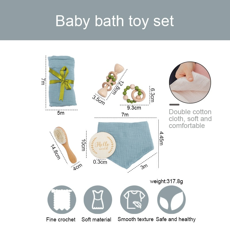 1Set Baby Bath Toy Set  Baby Bath Towel Wooden Rattle Bracelet Crochet Rattles Toys Infant Bath Products Newborn Bed Bell