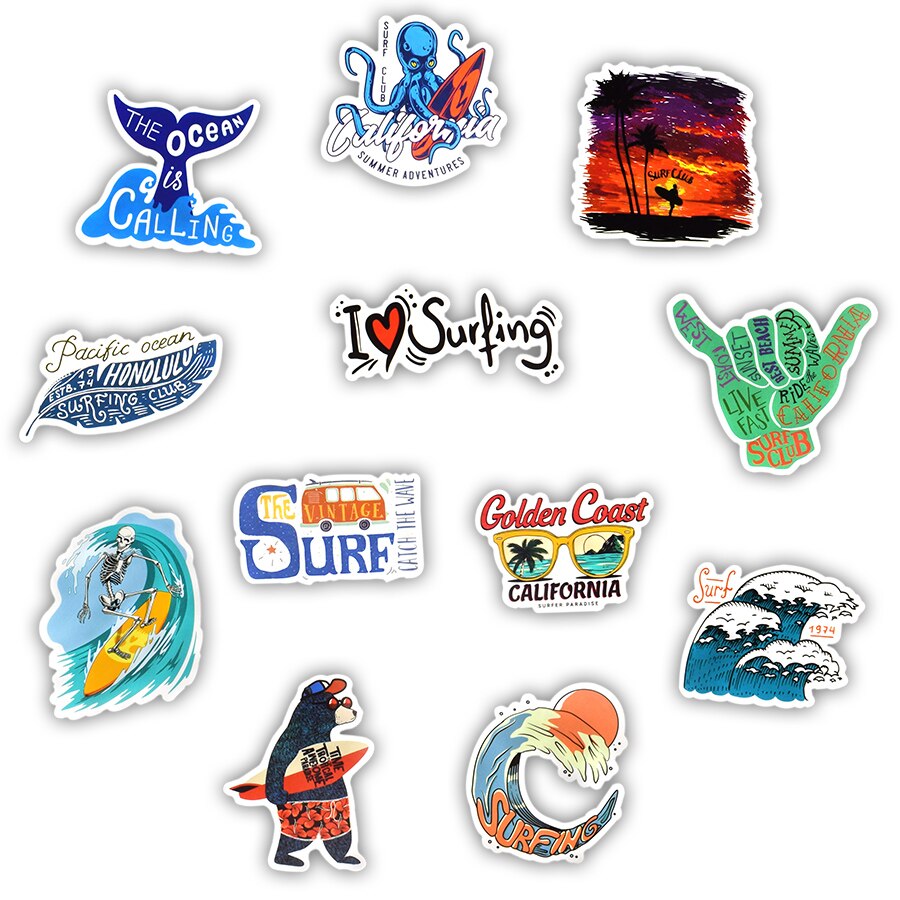 50 PCS Outdoor Surf Stickers Tropical Beach Travel Summer Sports Vsco Girl Sticker to DIY Surfboard Skateboard Laptop Car Decals