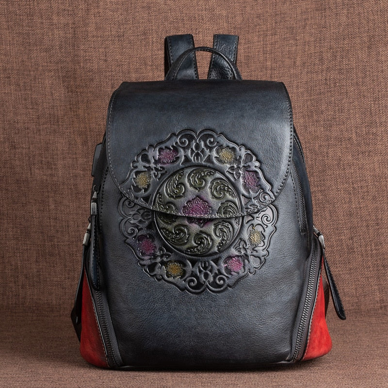 Retro Genuine Leather Backpack Women Bag 2022 Winter Handmade Embossing Floral Large Capacity Bagpack Female Vintage Backpacks