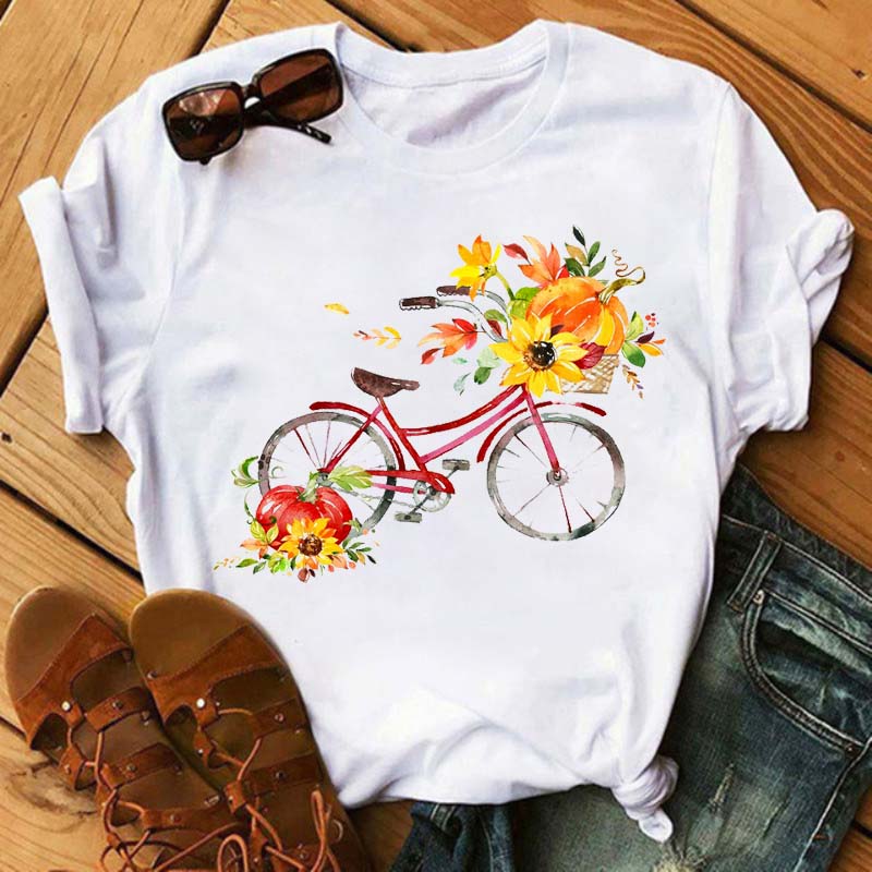 Maycaur New Funny Bicycle with Sunflower Women Tshirt Summer Harajuku Short Sleeve White T Shirts Cartoon Casual Woman Tops Tees