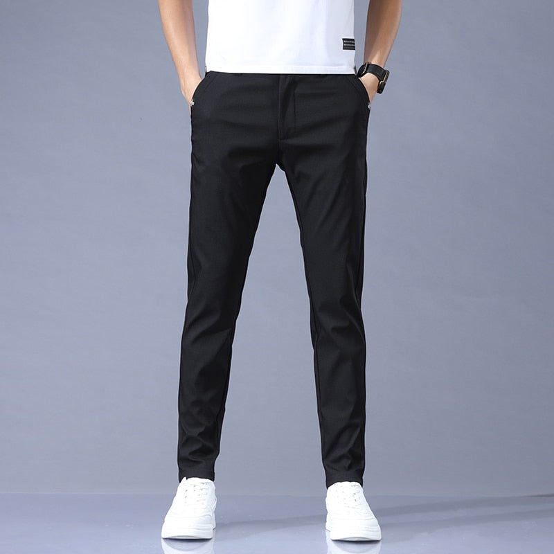 2022 Spring Summer Pants Mens Stretch Korean Casual Slim Fit Elastic Waist Business Classic Trousers Male Black Gray 28-38