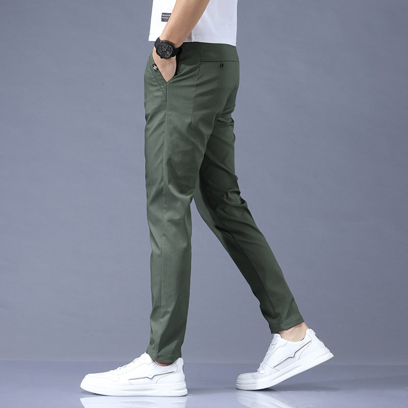 2022 Spring Summer Pants Mens Stretch Korean Casual Slim Fit Elastic Waist Business Classic Trousers Male Black Gray 28-38