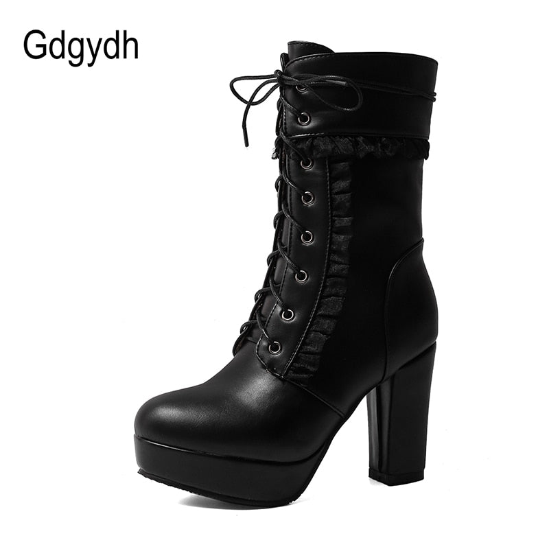 Gdgydh 2022 Autumn Winter Short Boots For Women High Hoof Heels Lace-up Ankle Strap Buckles Female Ankle Boots Fashion Ruffles