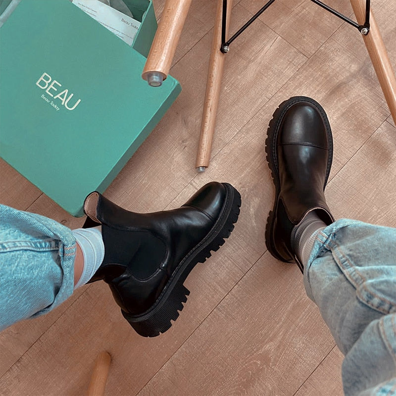 BeauToday Ankle Boots Platform Women Cow Leather Chelsea Boots Round Toe Elastic Band Thick Sole Ladies Shoes Handmade 02379