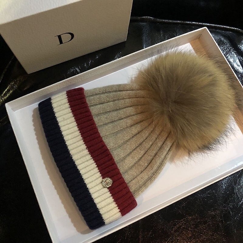 Beanies for Women Cotton Raccoon Fur Pompom Beanies Ladies Skullies Winter Warm Hats Black Red Fur Striped Men Beanies Elastic