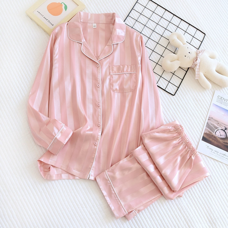 New Couple Pajamas Suit Ice Silk Long-Sleeve Sleepwear Silky Satin Women Home Service Set Femme Pijamas Mujer  Feminino Pyjama