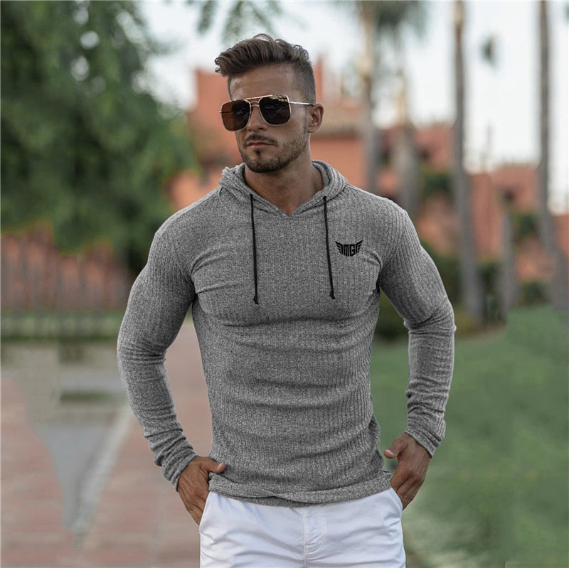 New Fashion Knitted Hooded T-shirt Men Pit Stripe Slim Fit Thin Sweaters Mens Long Sleeve Pullovers Knittwear Men Casual T shirt