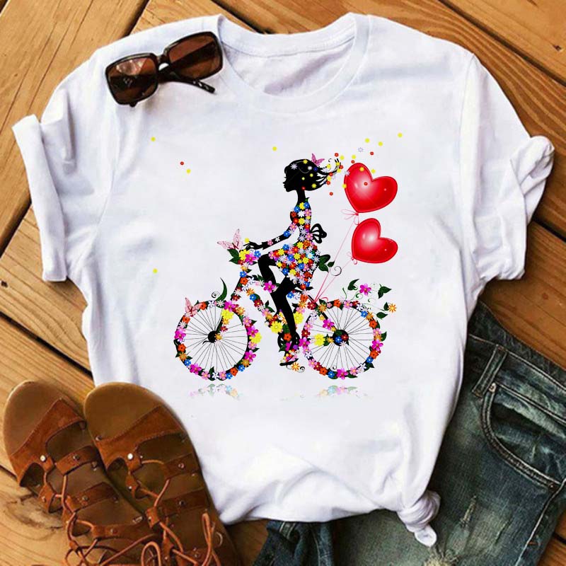 Maycaur New Funny Bicycle with Sunflower Women Tshirt Summer Harajuku Short Sleeve White T Shirts Cartoon Casual Woman Tops Tees