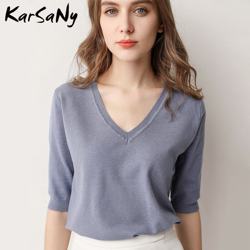 KarSany Half Sleeve Knitted Blouse Women Summer 2022 Pullovers Ladies V-neck Blouses Blouse Knitted Womens Tops And Blouses