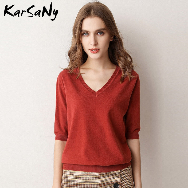 KarSany Half Sleeve Knitted Blouse Women Summer 2022 Pullovers Ladies V-neck Blouses Blouse Knitted Womens Tops And Blouses