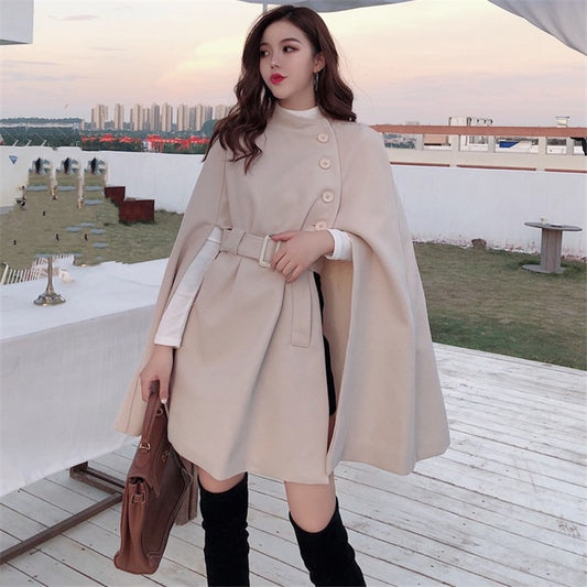 2022 Autumn High Quality Woolen Cloth Shawl Cape Poncho With Belt Women Mid-length Korean Sleeveless Casual Ladies Cape Coats