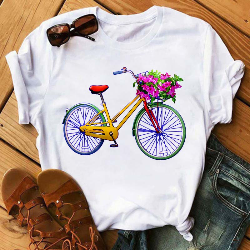 Maycaur New Funny Bicycle with Sunflower Women Tshirt Summer Harajuku Short Sleeve White T Shirts Cartoon Casual Woman Tops Tees