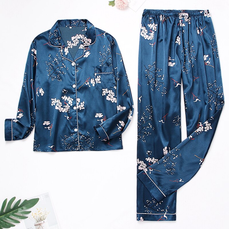 Spring Summer Women&#39;s Pijamas Silk Satin Pajamas Set Long Sleeve and Trouser Pyjamas Suits Sleepwear Loungewear Female Mujer