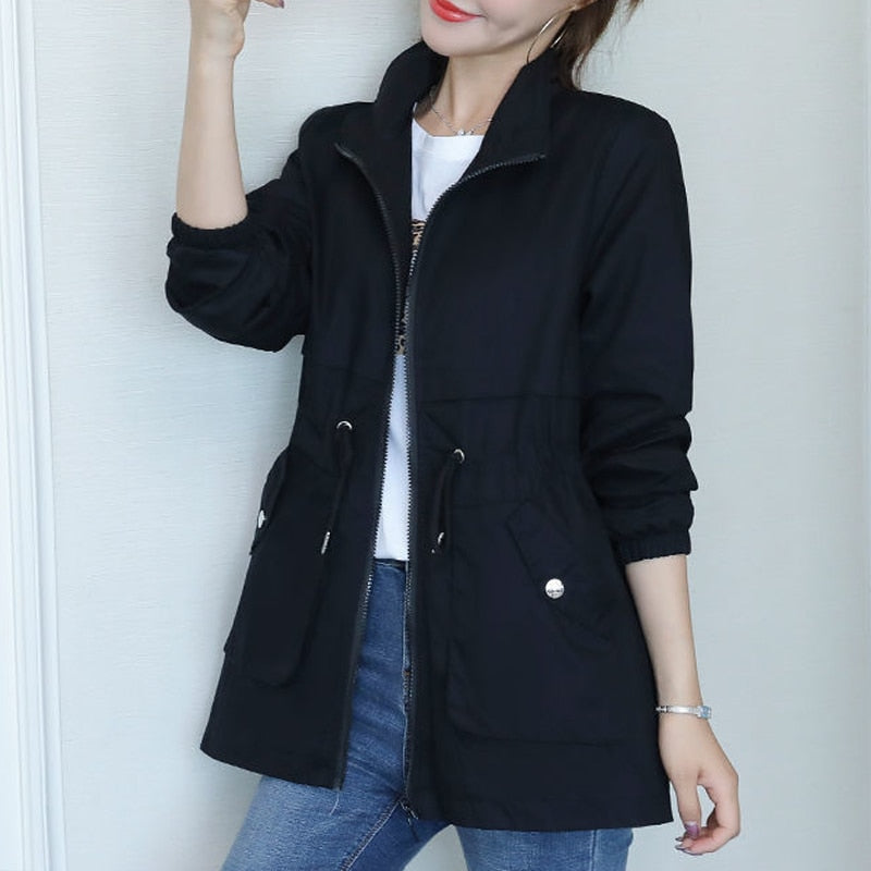 HI-FASHION Women Double Layer Windbreaker Autumn Casual Slim Coat Fashion Plus Size 4Xl Stand-Up Collar Ladies Jacket