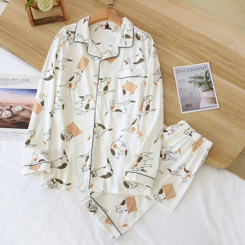 2022 Spring Leaves Printed Women&#39;s Pajama Cotton Plus Size Two-piece Set Brief Fashion Long Sleeve Home Clothes Female Sleepwear