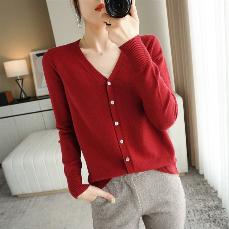 Spring Autumn New V-Neck Knitted Cardigan Women&#39;s Loose Large Size Thin Sweater All-Match Jacket Pure Color Basic Small Cardigan